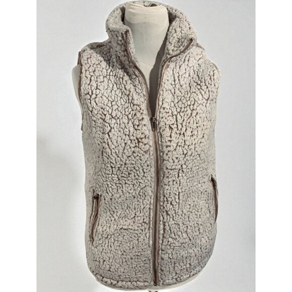 Thread & Supply Taupe Sherpa Fleece Vest Women’s Cozy Zip Front Size Small - Picture 7 of 9